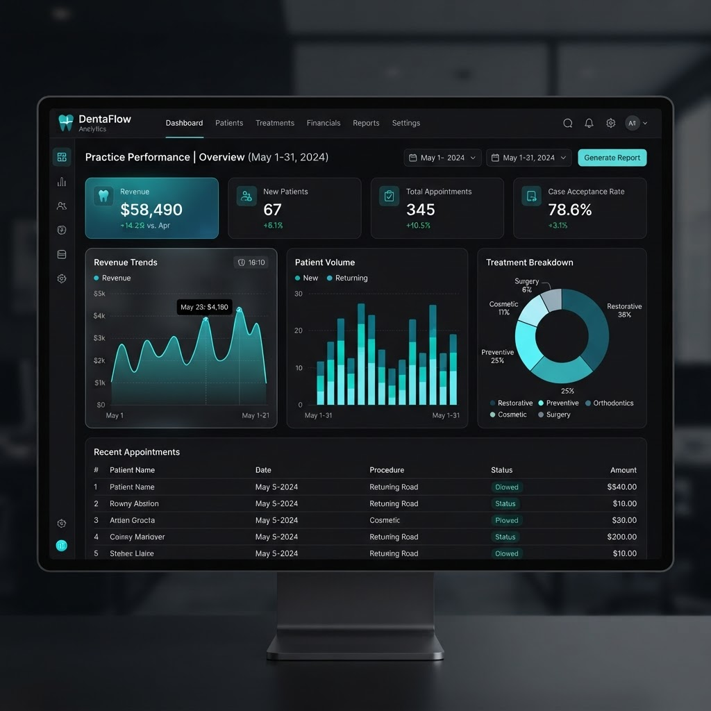 Analytics view with revenue trends, patient volume, and treatment breakdown charts