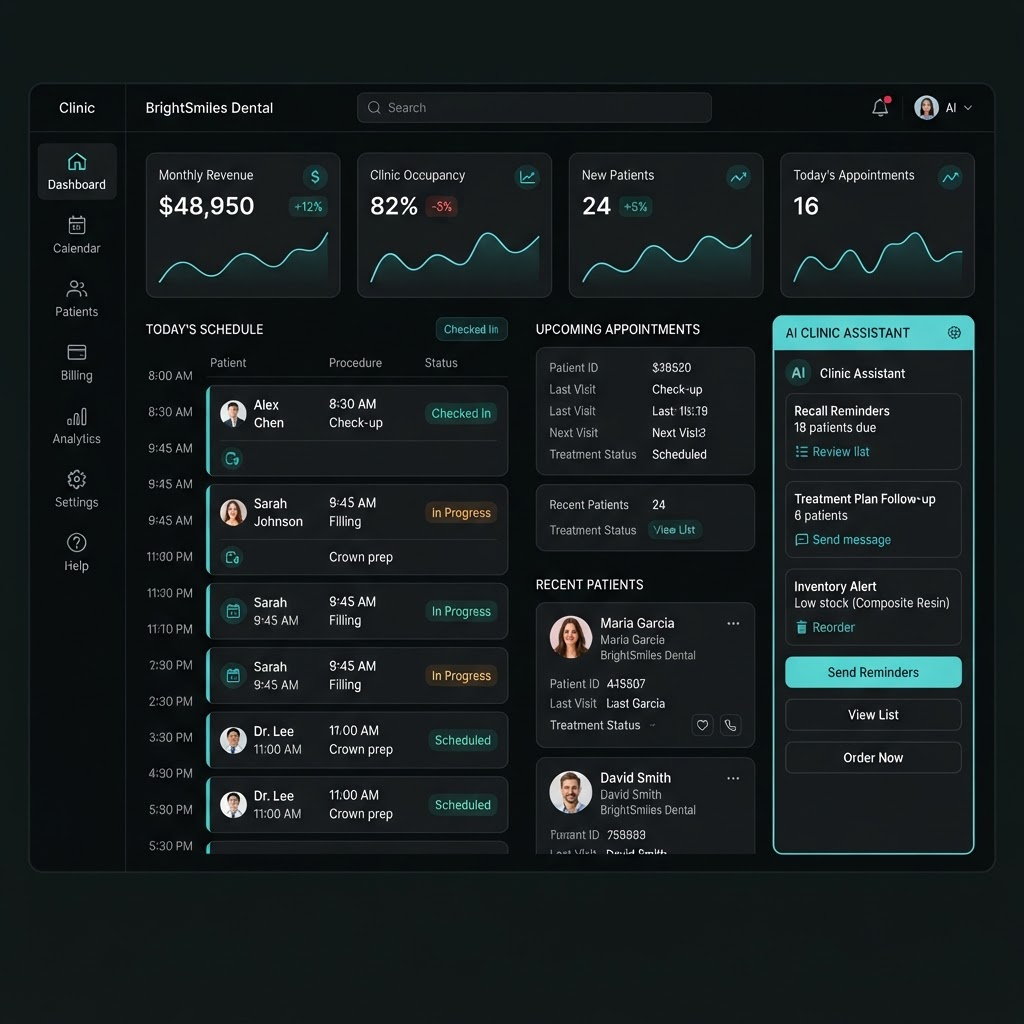 DentalPilot AI dashboard showing today's appointments, clinic performance widgets, and an AI assistant panel
