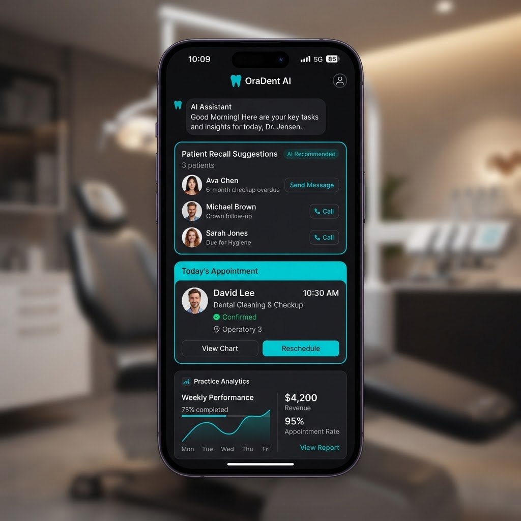 Mobile app screen showing AI recall suggestions and appointment confirmations